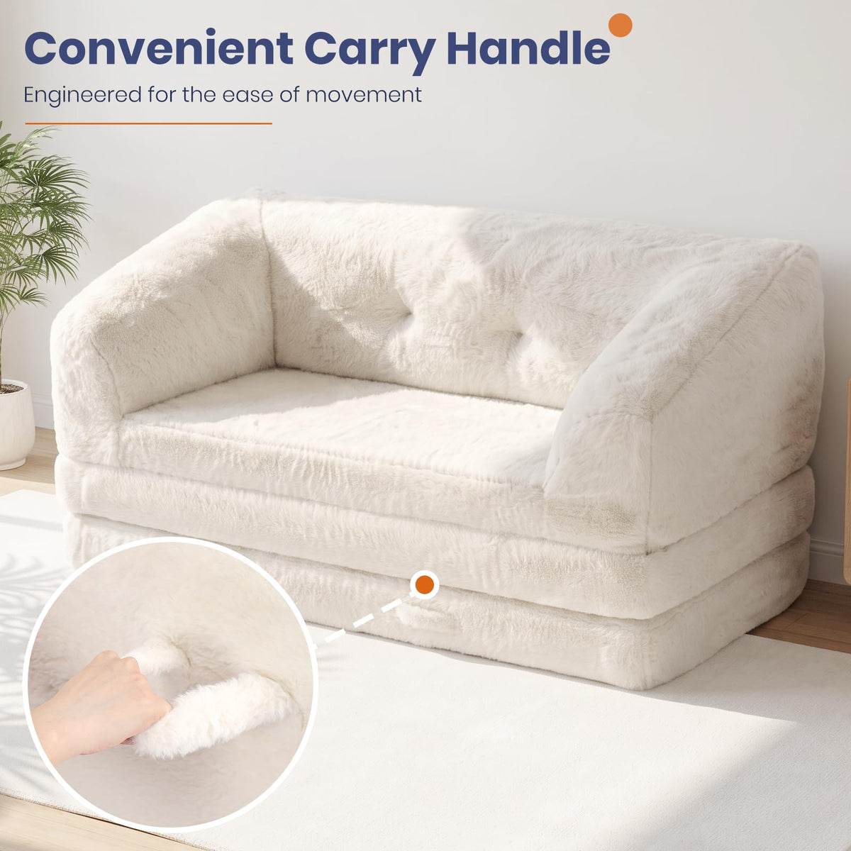 Convertible Folding Sofa Bed, 2 in 1 Portable Floor Couch & Foam Mattress with Handle, Space-Saving Faux Fur Futon Chair for Living Room, Bedroom, Guest Room (Loveseat, Beige) Q786