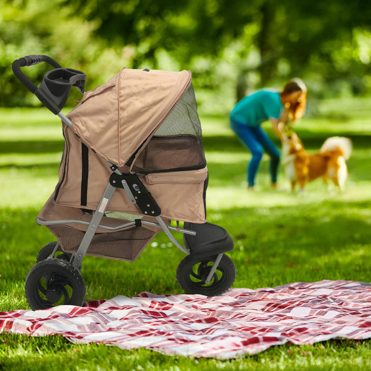 3-Wheel Dog Stroller with Storage Basket and Cup Holders, Tan Q355