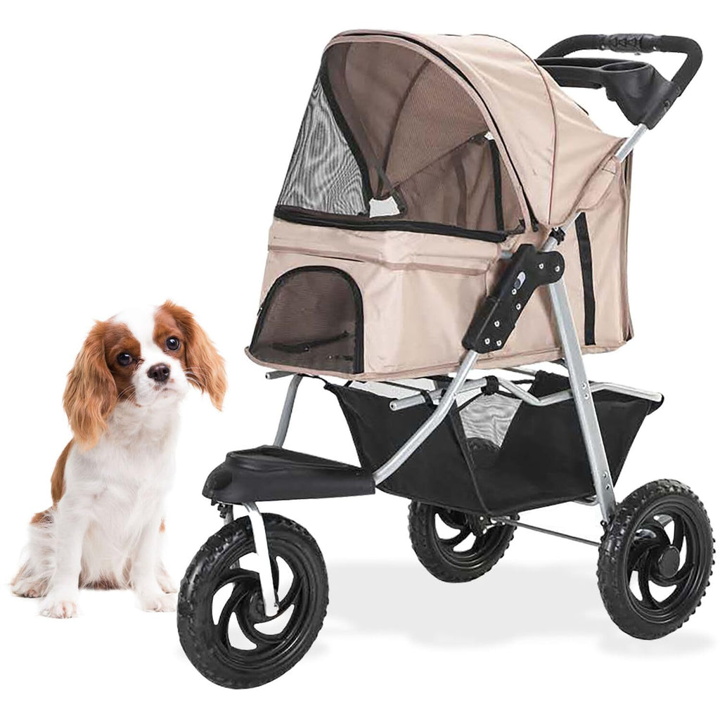 3-Wheel Dog Stroller with Storage Basket and Cup Holders, Tan Q355