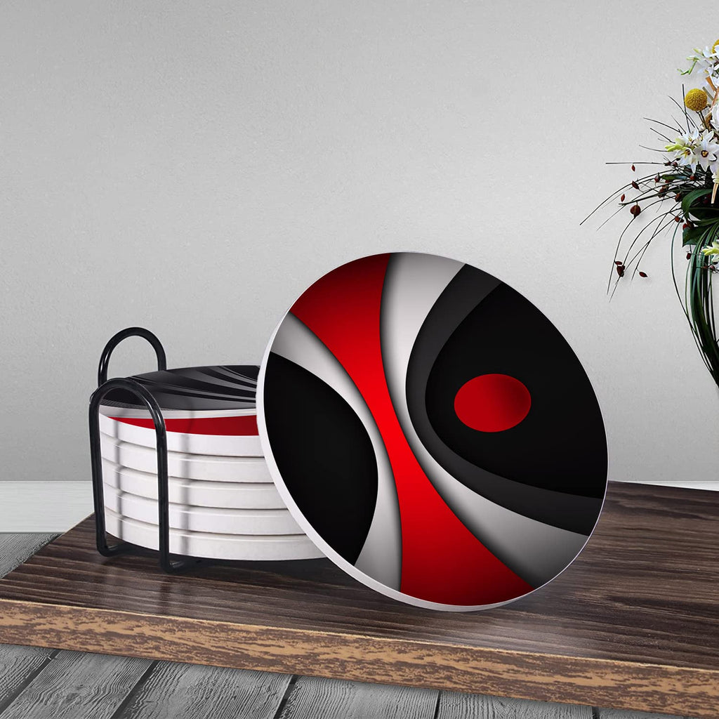 Set of 6 Red Black Geometric Absorbent Ceramic Coasters with Cork Base and Metal Holder G150200