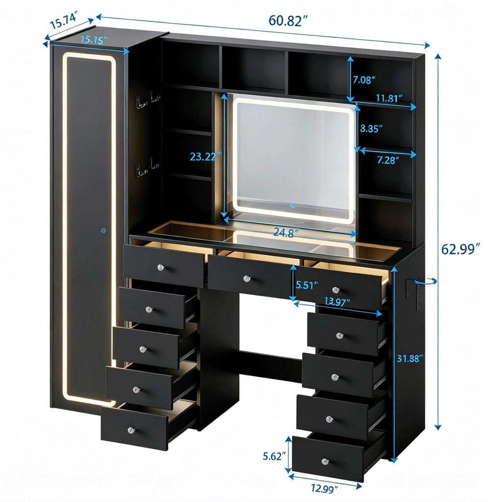 Full Length Mirror Vanity Desk with LED Mirror and 11 Drawers Q5892