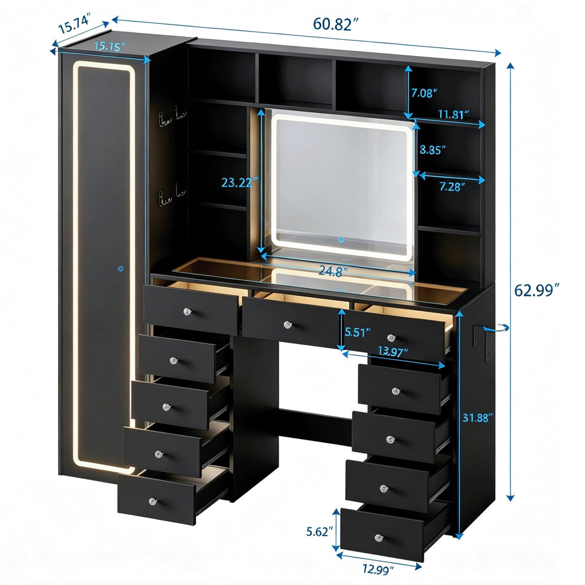 Full Length Mirror Vanity Desk with LED Mirror and 11 Drawers Q5892