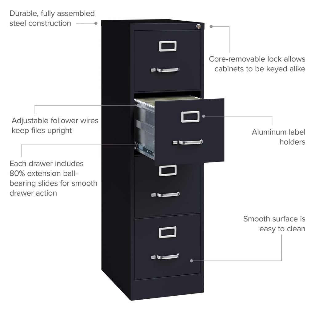 22" Deep 4 Drawer Letter Width Steel Vertical File Cabinet, Black I937271