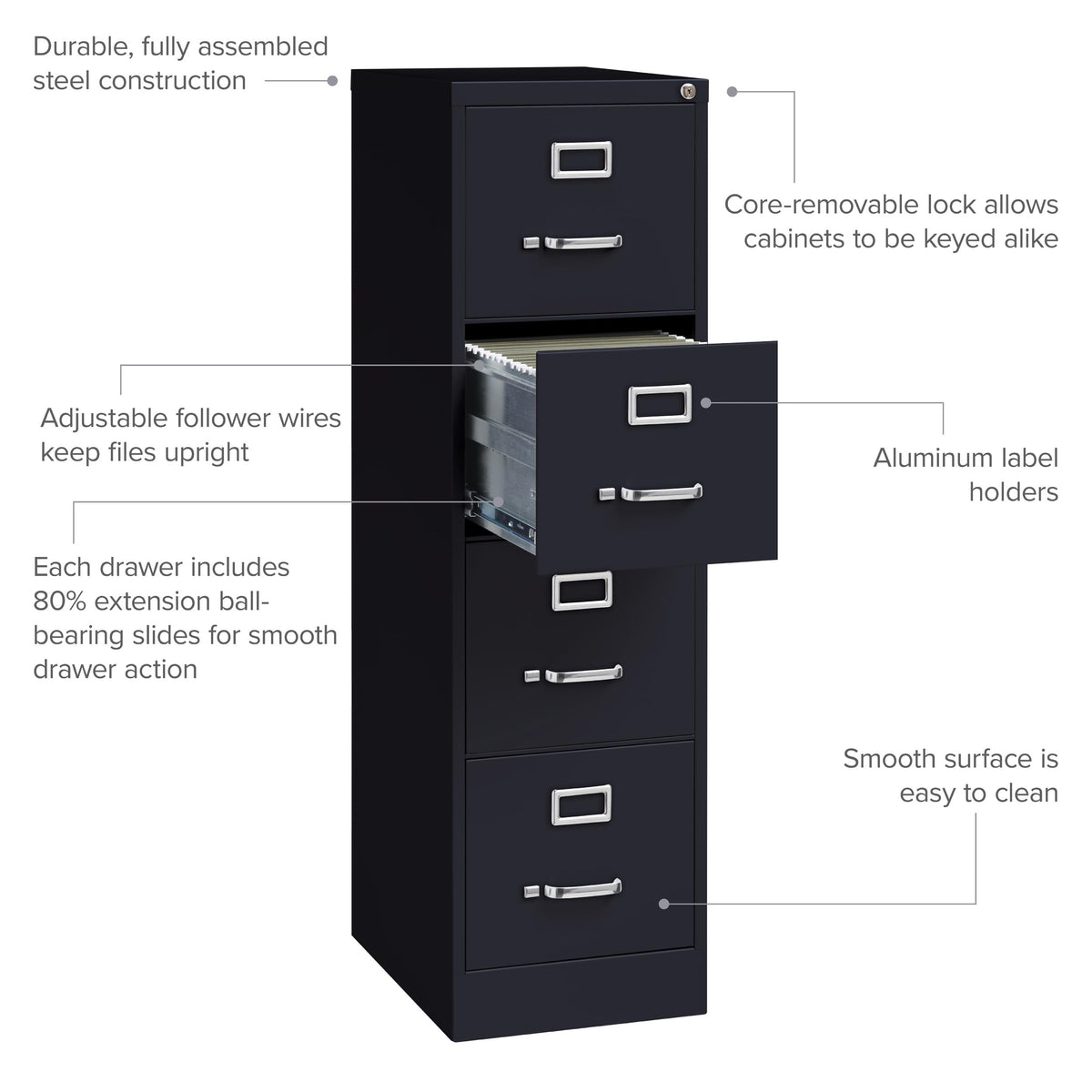 22" Deep 4 Drawer Letter Width Steel Vertical File Cabinet, Black I937271