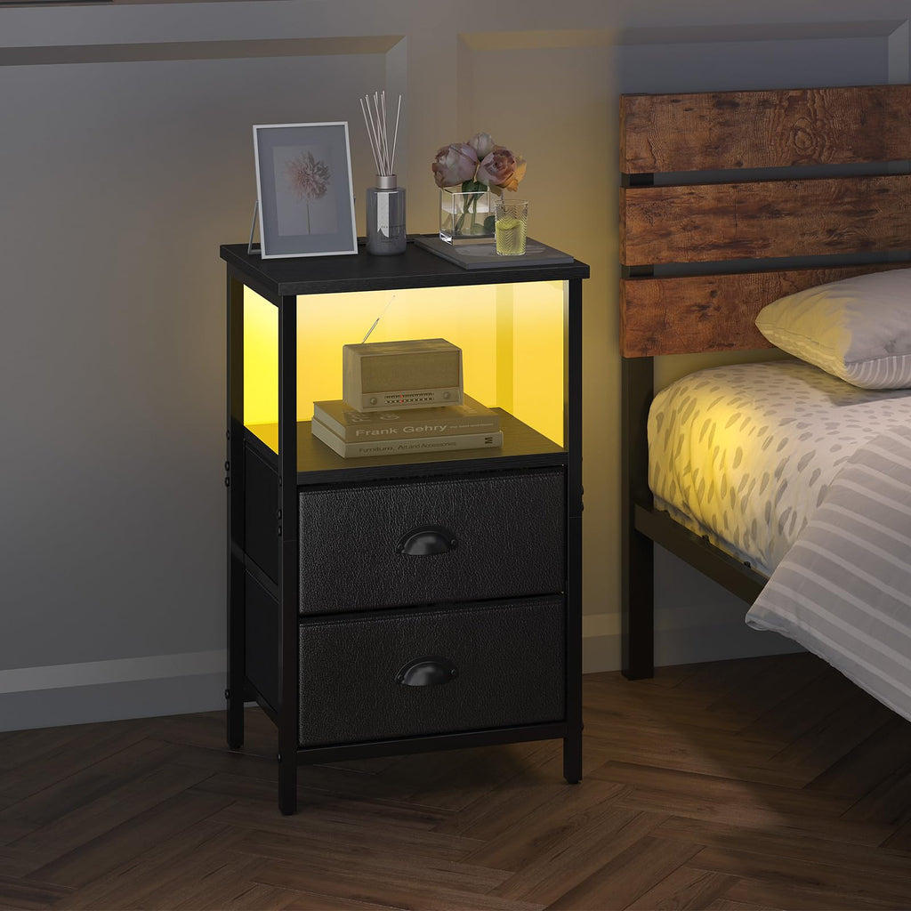 Black Nightstand with Charging Station and 2 Fabric Drawers S3950