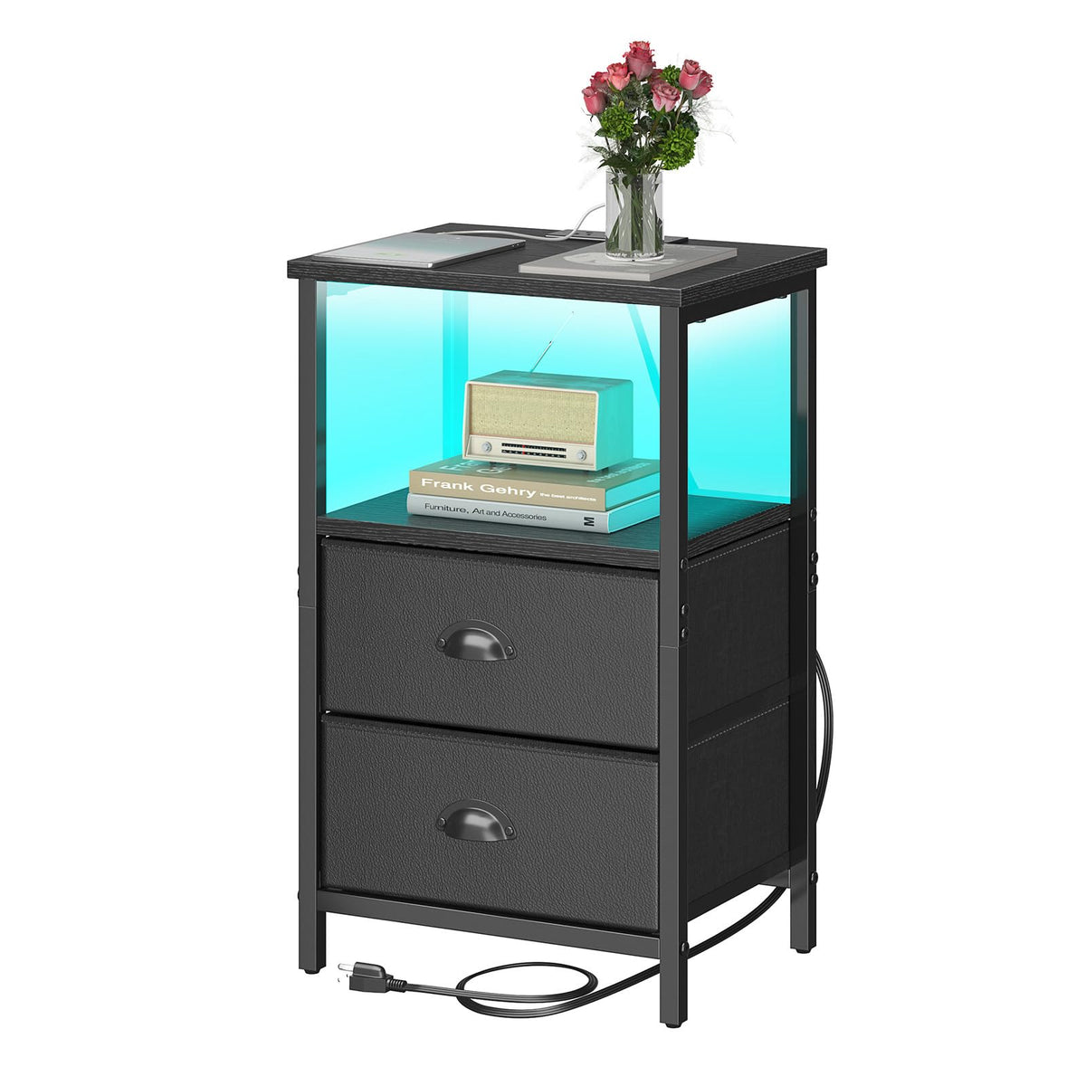 Black Nightstand with Charging Station and 2 Fabric Drawers S3950