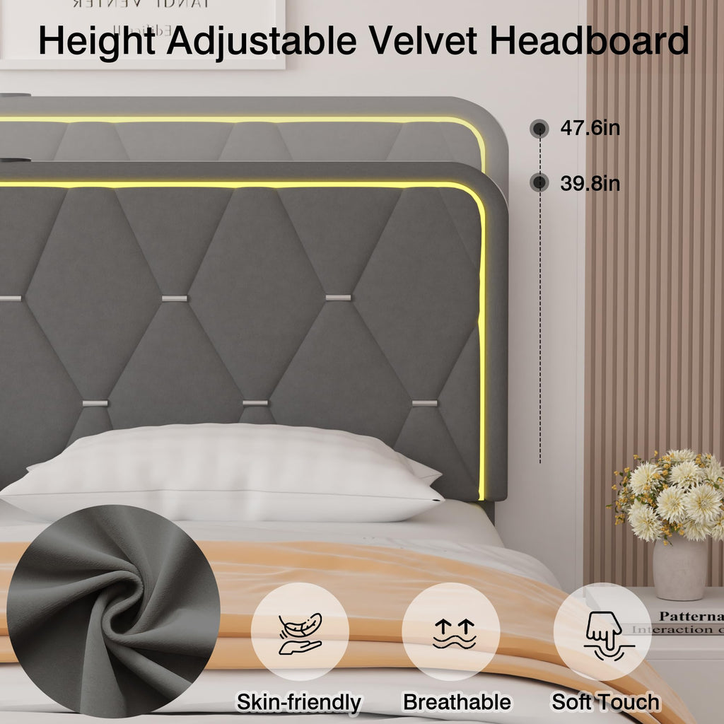 Dark Grey Velvet Upholstered Queen Bed Frame with Headboard I4361