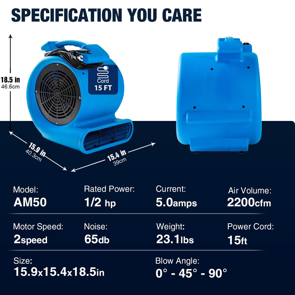 2200 CFM 1/2 HP Commercial Air Mover Floor Drying Fan W518526