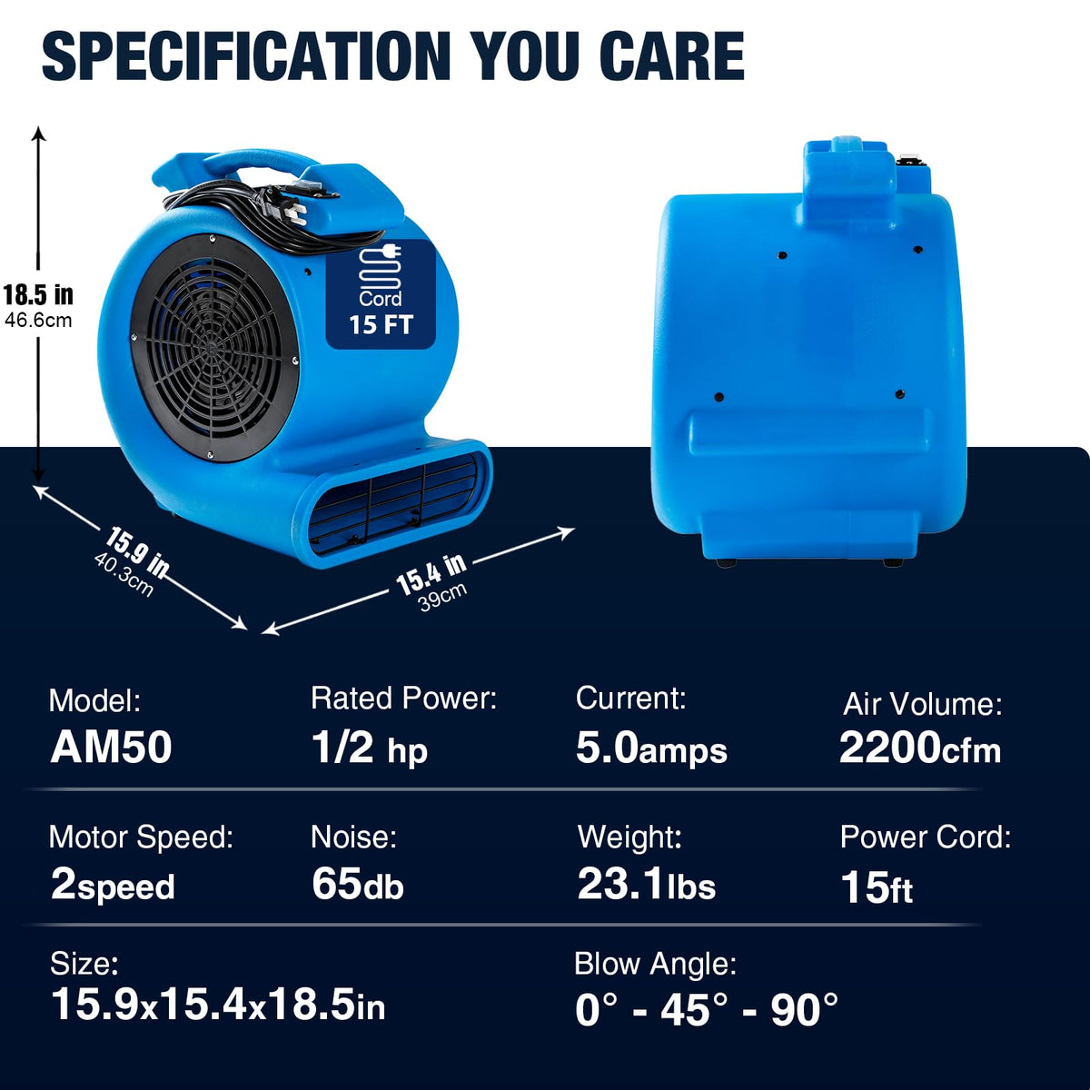 2200 CFM 1/2 HP Commercial Air Mover Floor Drying Fan W518526