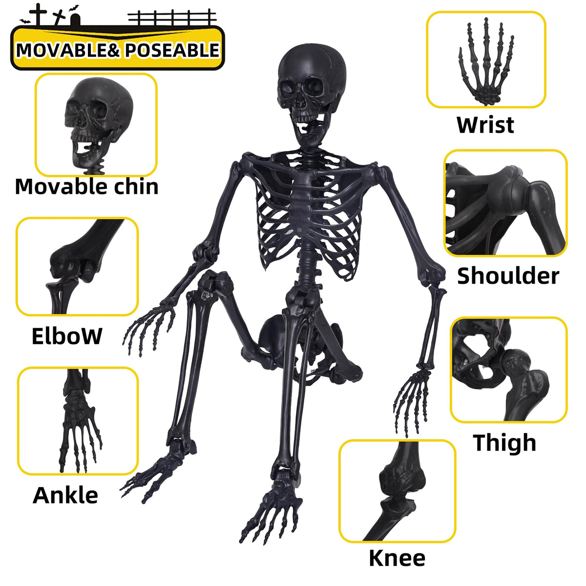 5.4Ft Posable Skeleton with Movable Joints and 2PC Black Feathered Crows I55895