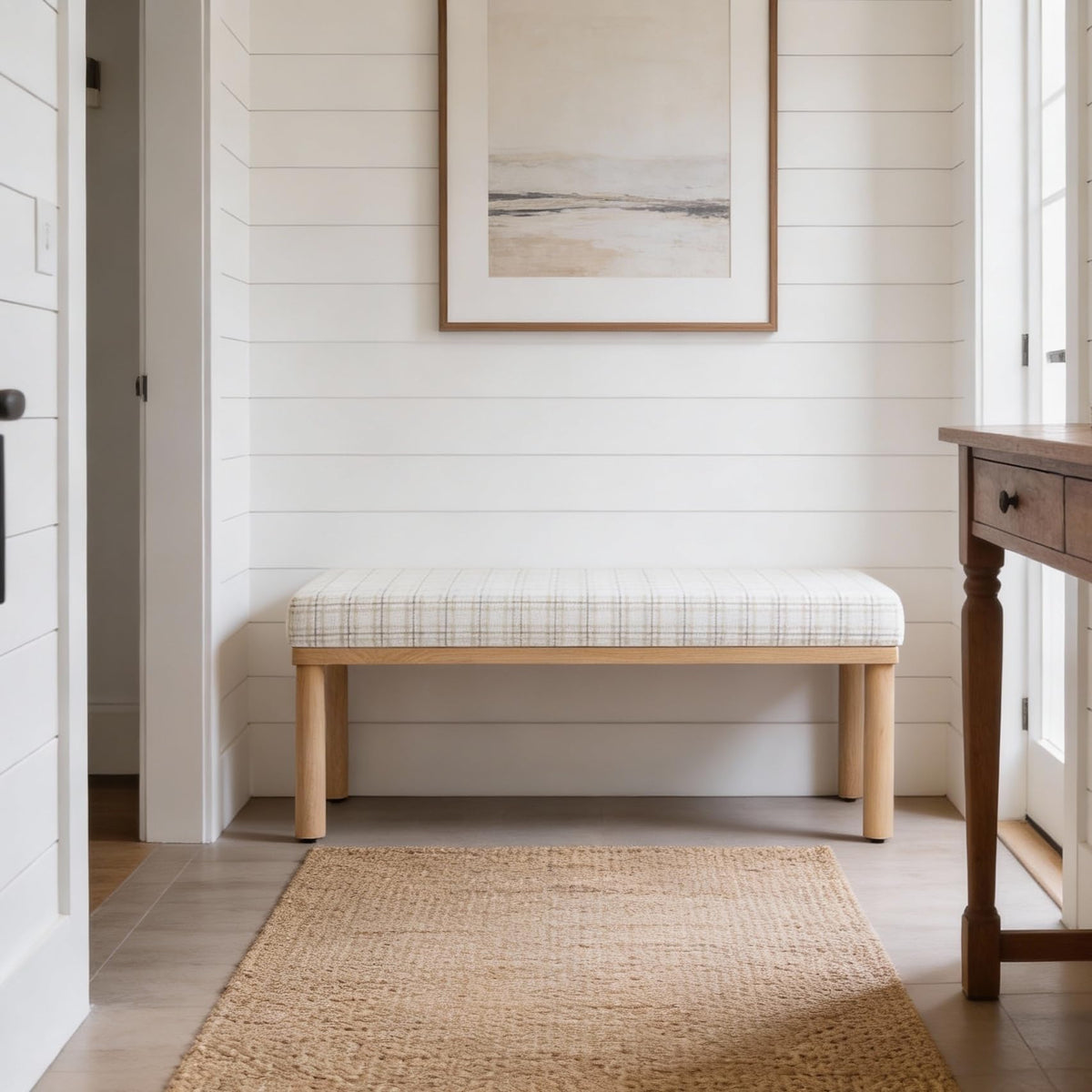Natural Plaid Woven Fabric Bench M42656
