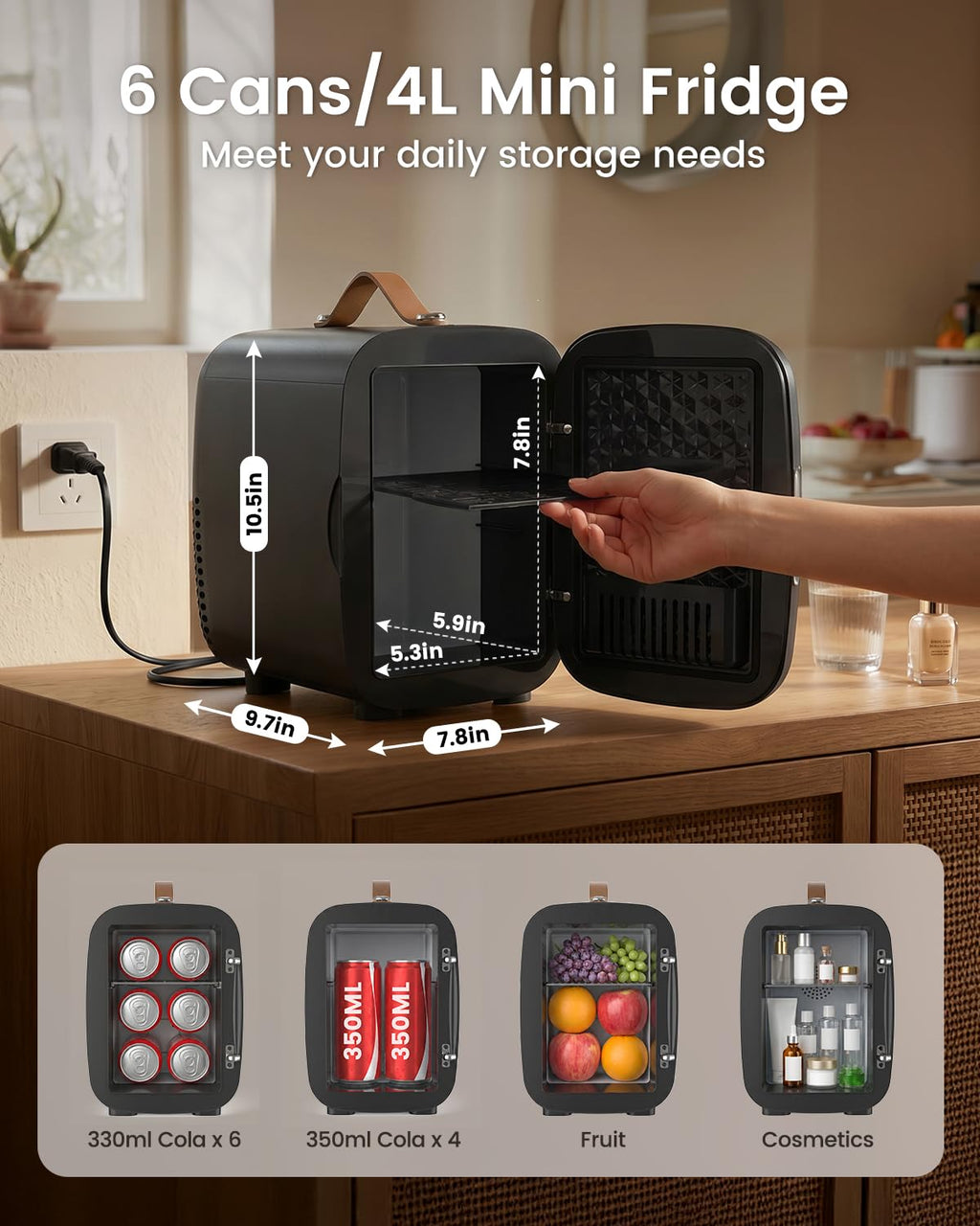 Portable Mini Fridge 4L 6 Can Black Z889