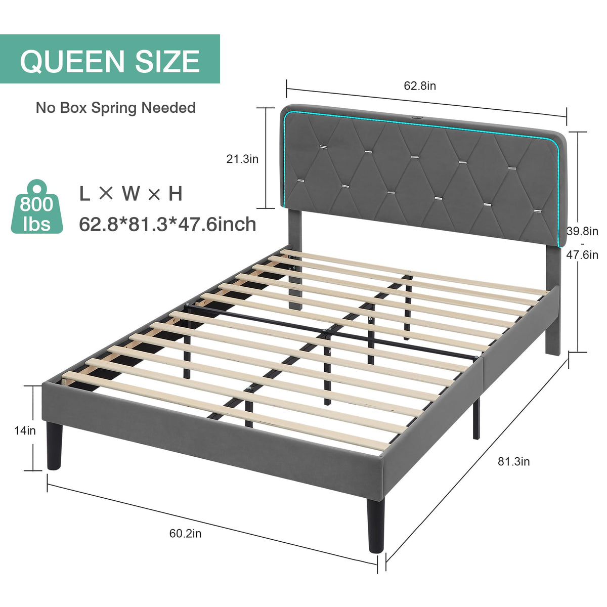 Dark Grey Velvet Upholstered Queen Bed Frame with Headboard I4361