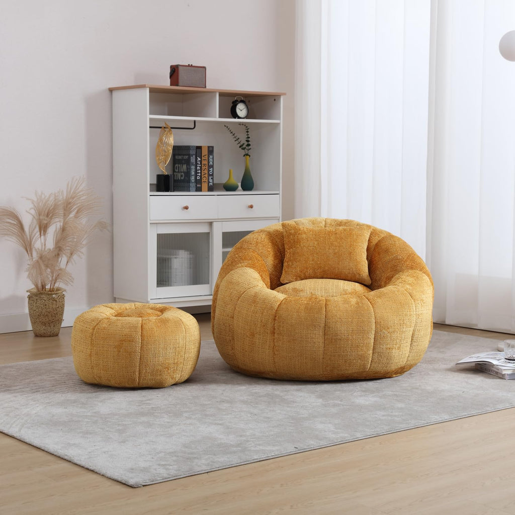 Yellow Chenille Bean Bag Chair with Ottoman and Pillow A7875