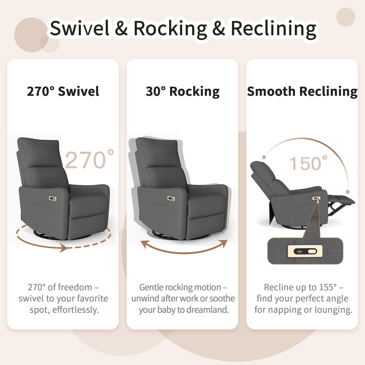 Dark Gray Velvet Swivel Recliner Chair Y768020