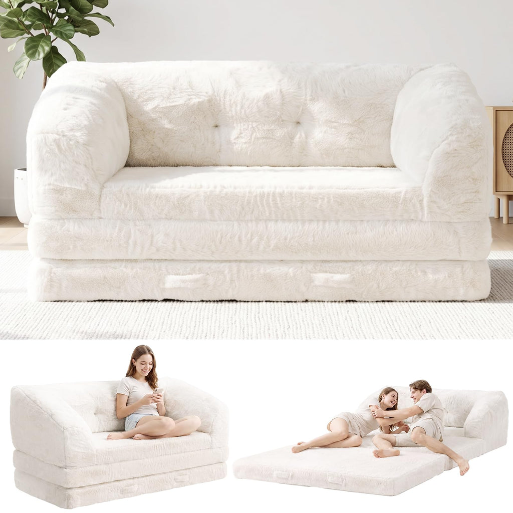 Convertible Folding Sofa Bed, 2 in 1 Portable Floor Couch & Foam Mattress with Handle, Space-Saving Faux Fur Futon Chair for Living Room, Bedroom, Guest Room (Loveseat, Beige) Q786