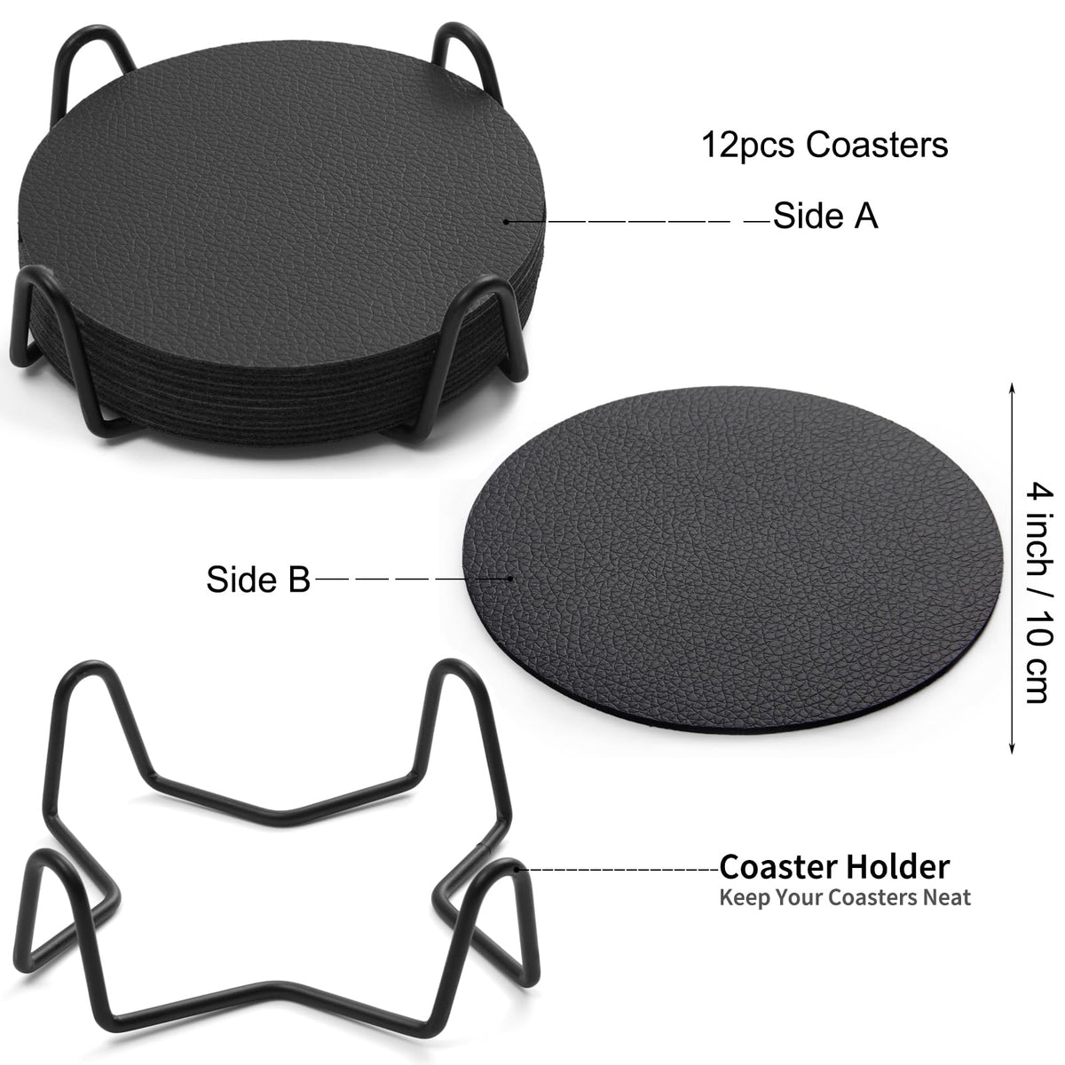 Faux Leather Drink Coasters with Holder, Set of 12 P4669