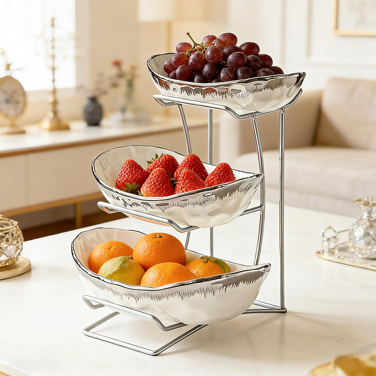 3 Tier Ceramic Fruit Bowl with Metal Stand D129789