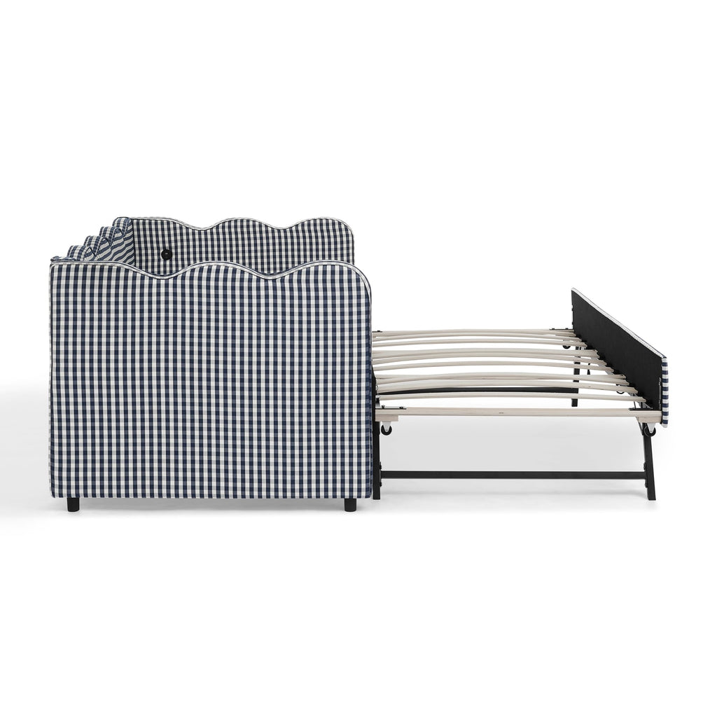 Navy Gingham Linen Upholstered Twin Size Daybed with Trundle C16775