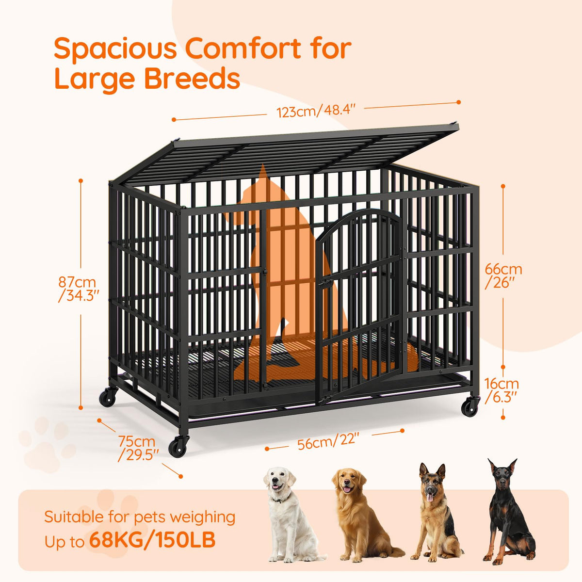 48-Inch Heavy Duty Dog Crate with 2 Doors, Lockable Wheels & Removable Tray, Black S7257