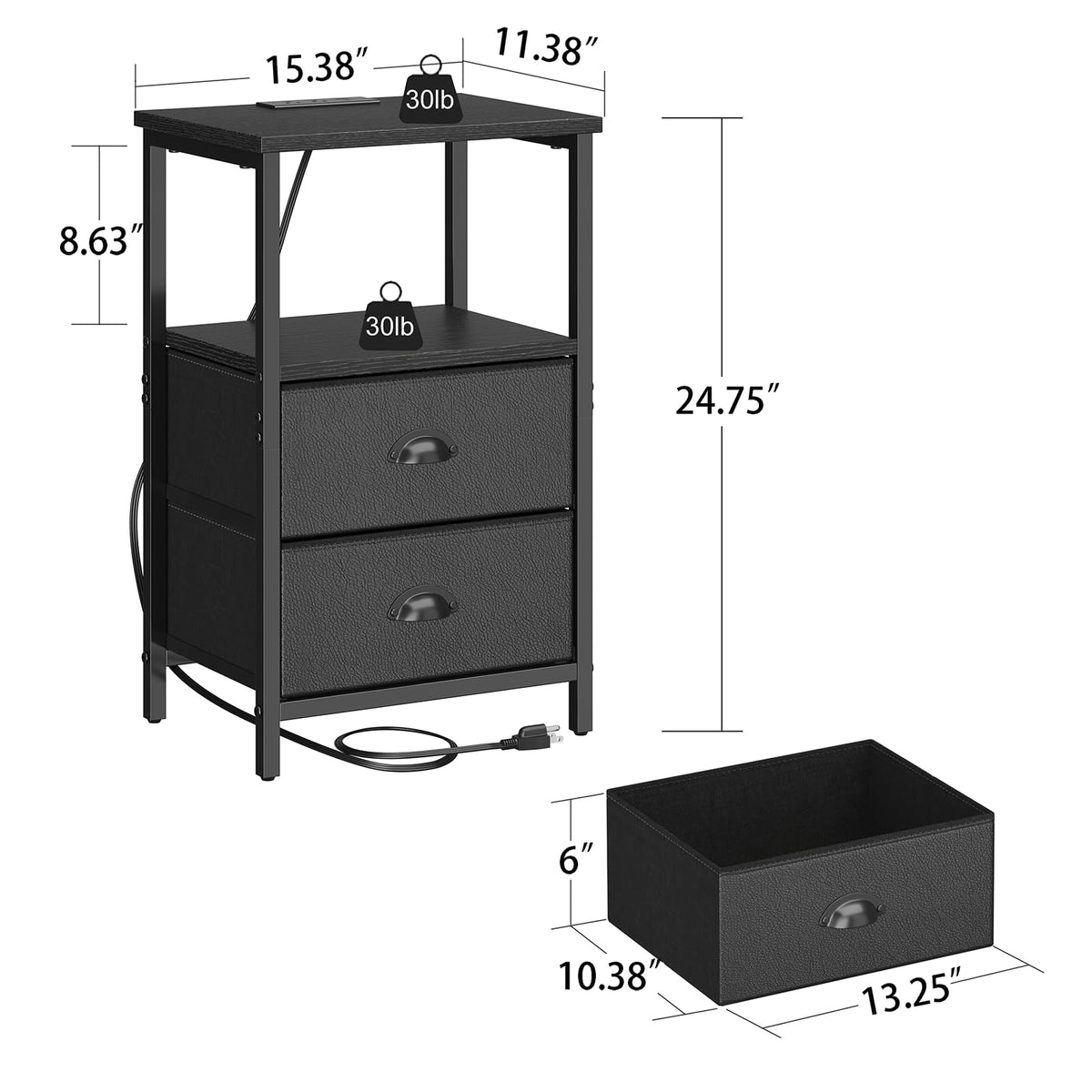 Black Nightstand with Charging Station and 2 Fabric Drawers S3950