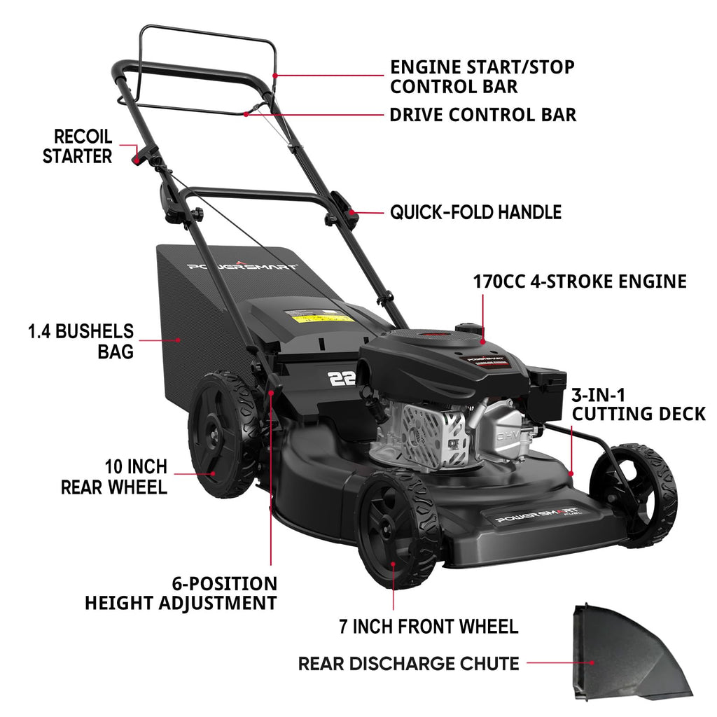 22-Inch Self Propelled Gas Lawn Mower, 170cc 4-Cycle OHV Engine H2953