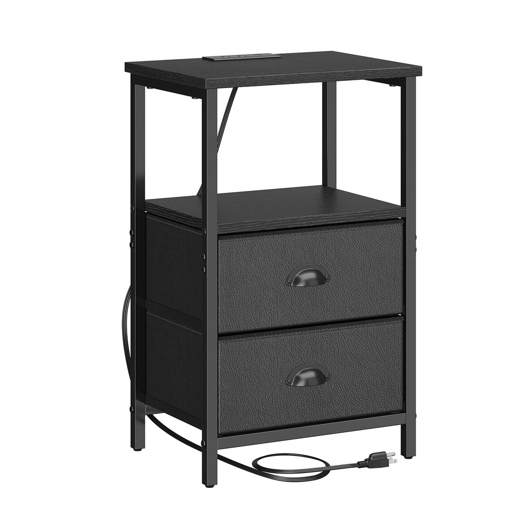 Black Nightstand with Charging Station and 2 Fabric Drawers S3950