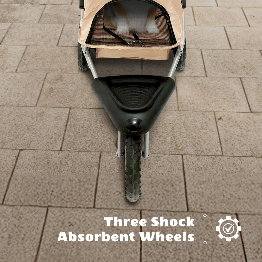 3-Wheel Dog Stroller with Storage Basket and Cup Holders, Tan Q355