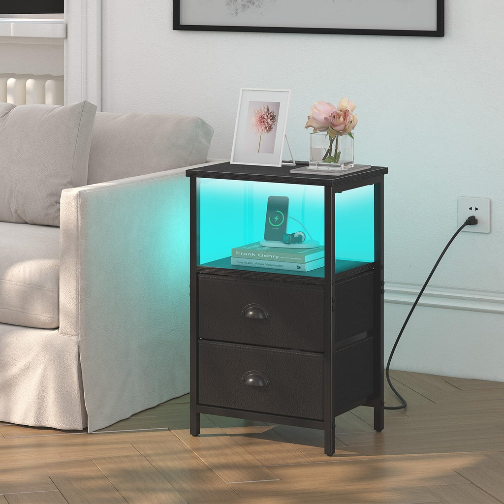 Black Nightstand with Charging Station and 2 Fabric Drawers S3950