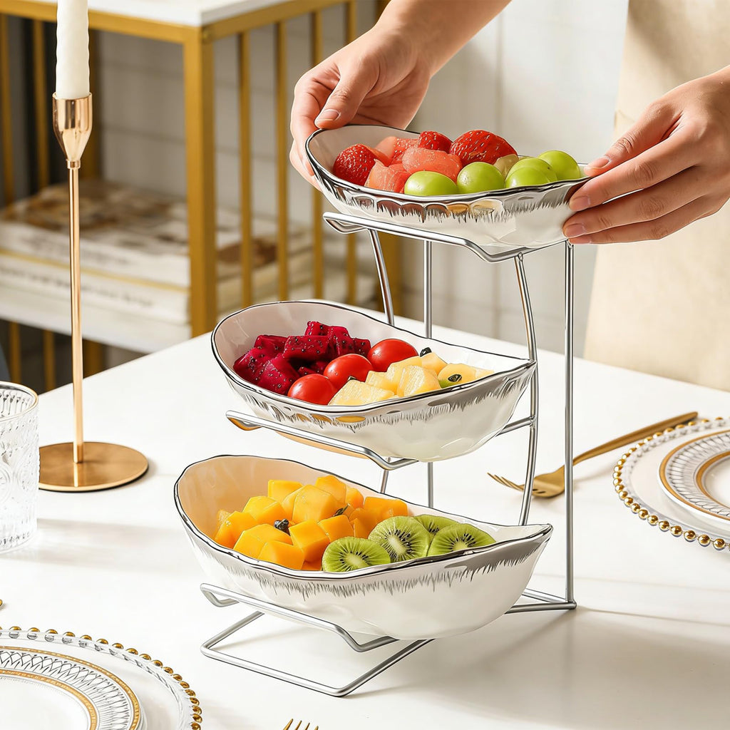 3 Tier Ceramic Fruit Bowl with Metal Stand D129789