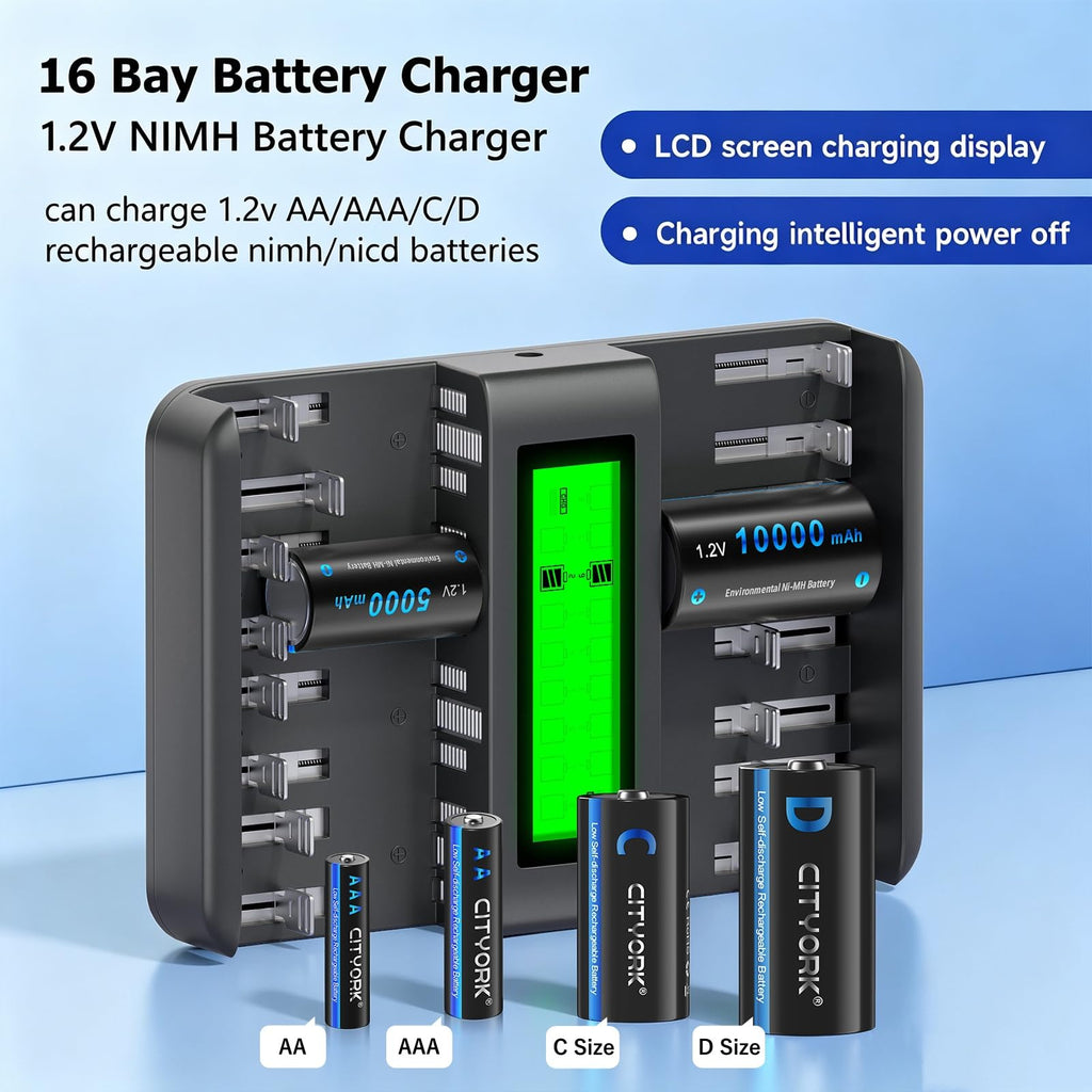 16 Pack AAA 1100mAh NiMH Batteries with 16 Bay LCD Battery Charger S20717