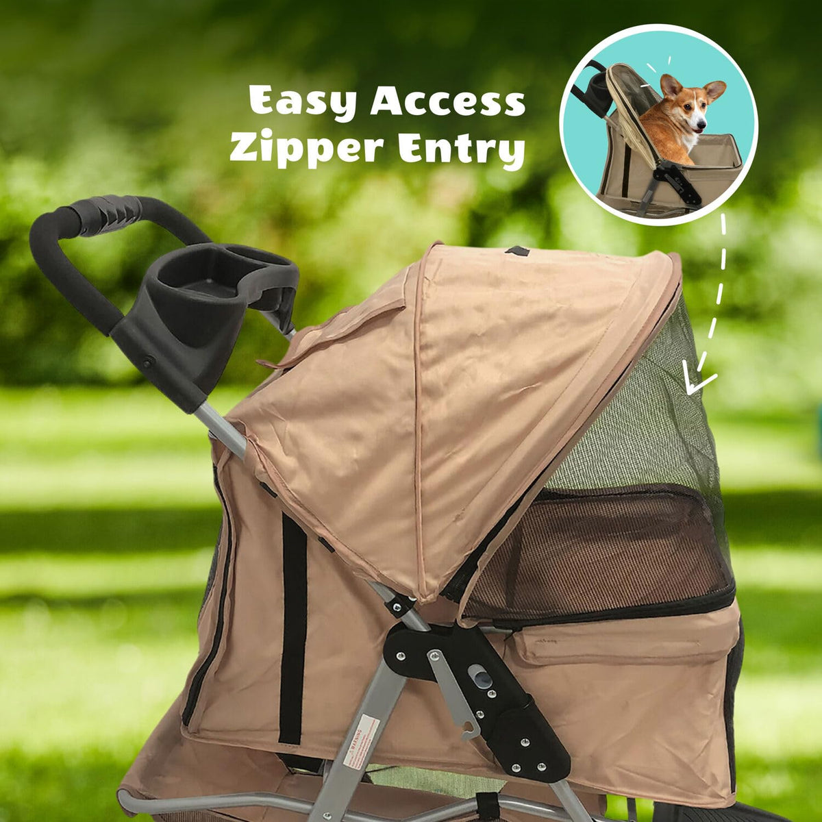 3-Wheel Dog Stroller with Storage Basket and Cup Holders, Tan Q355