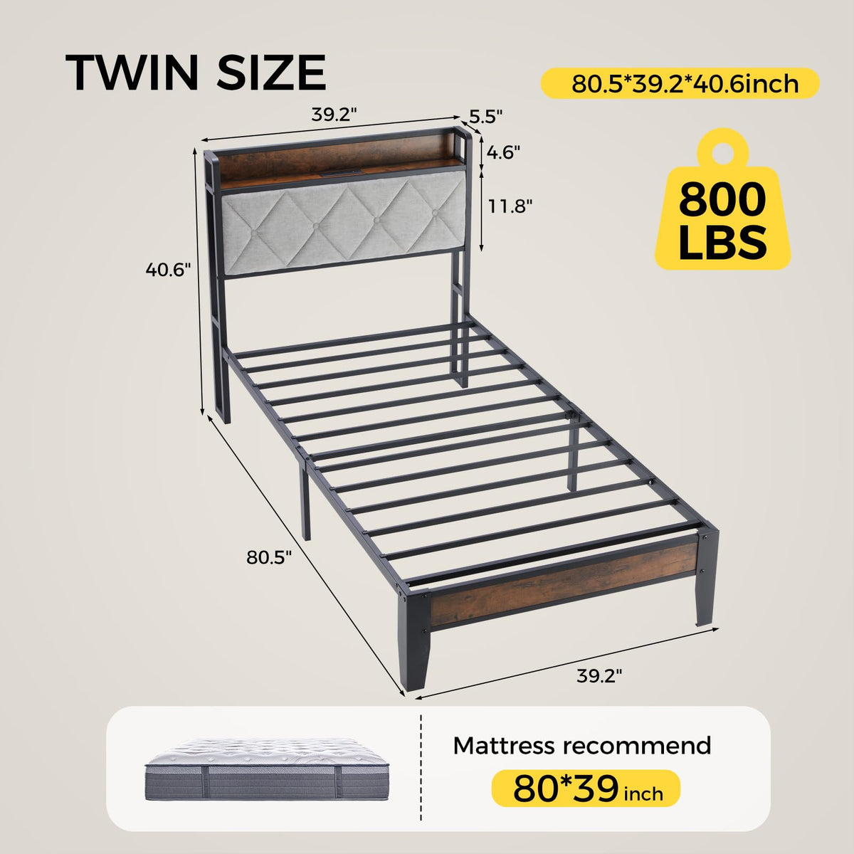 Twin Bed Frame with Headboard and Charging Plug J939627