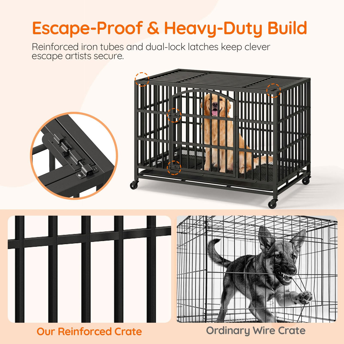 48-Inch Heavy Duty Dog Crate with 2 Doors, Lockable Wheels & Removable Tray, Black S7257