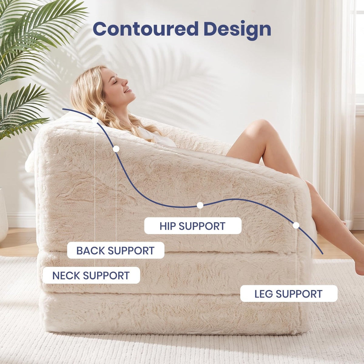 Convertible Folding Sofa Bed, 2 in 1 Portable Floor Couch & Foam Mattress with Handle, Space-Saving Faux Fur Futon Chair for Living Room, Bedroom, Guest Room (Loveseat, Beige) Q786