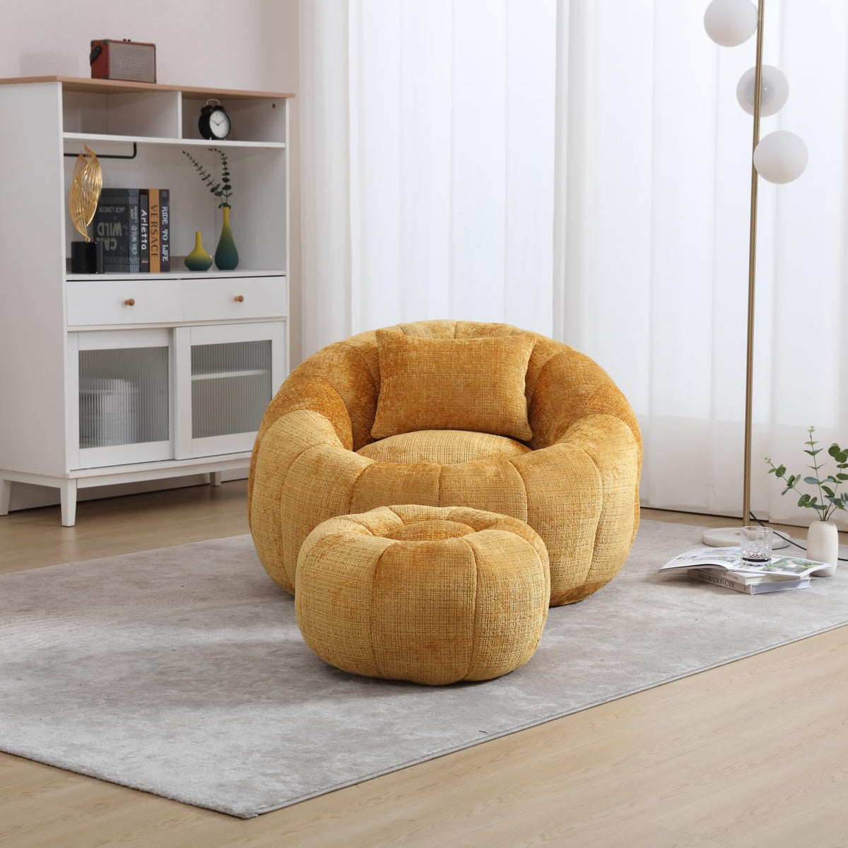 Yellow Chenille Bean Bag Chair with Ottoman and Pillow A7875