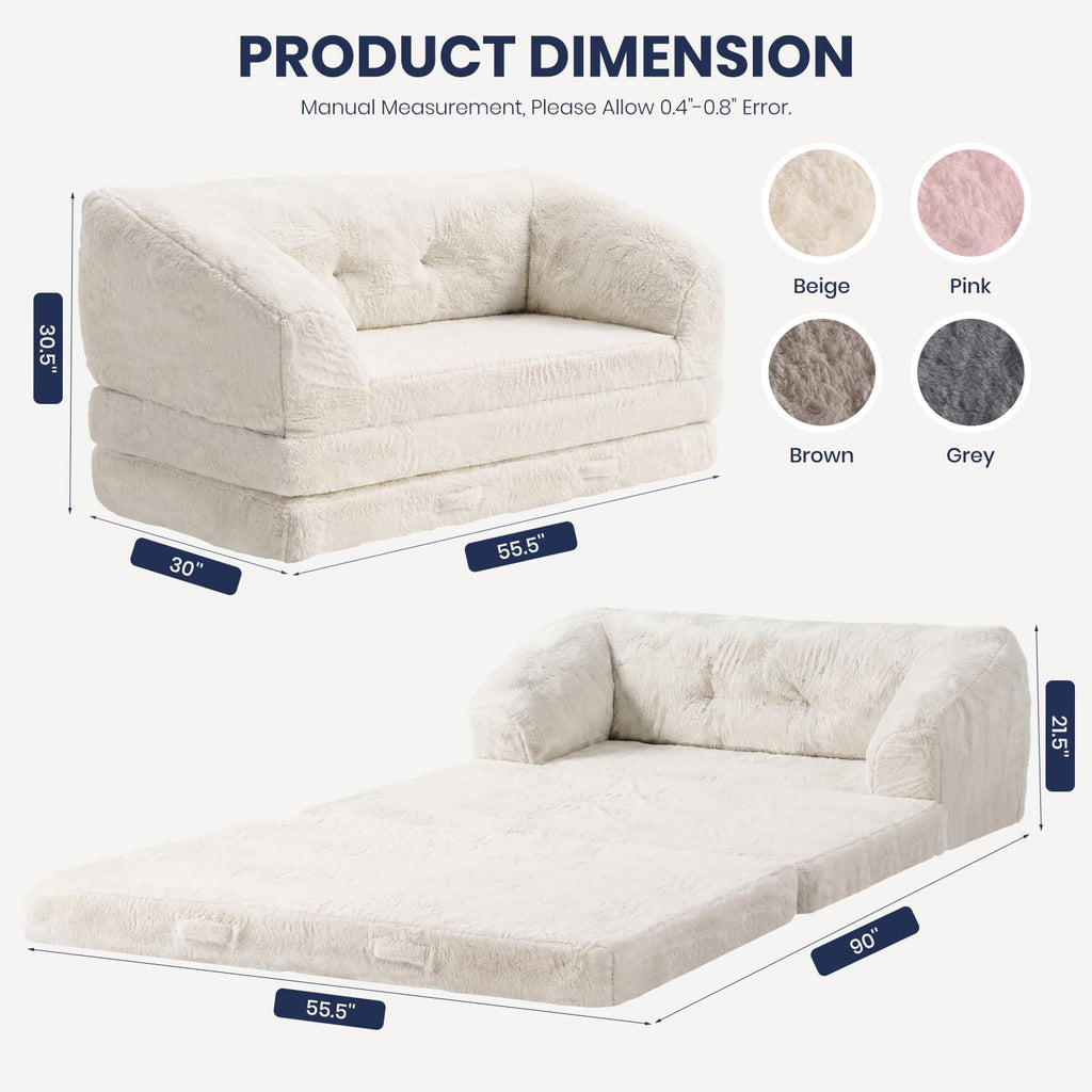 Convertible Folding Sofa Bed, 2 in 1 Portable Floor Couch & Foam Mattress with Handle, Space-Saving Faux Fur Futon Chair for Living Room, Bedroom, Guest Room (Loveseat, Beige) Q786