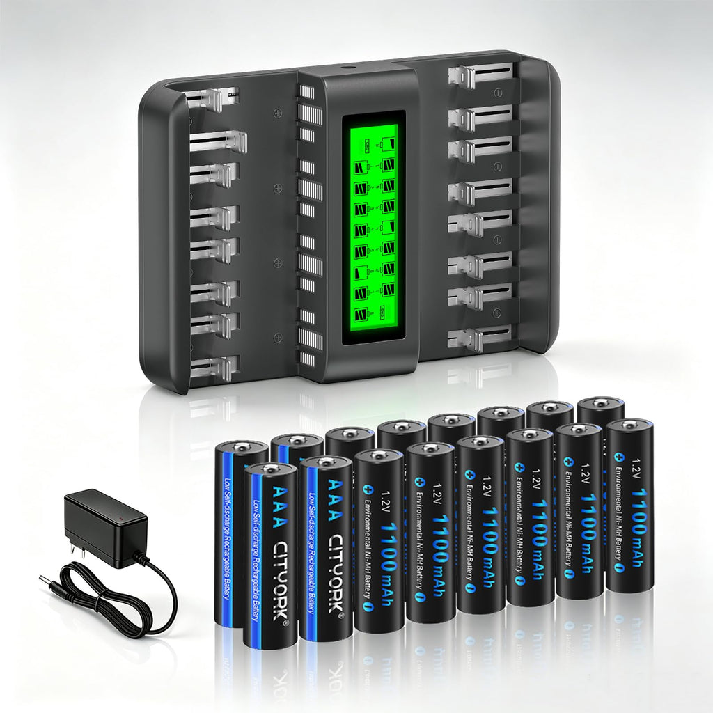 16 Pack AAA 1100mAh NiMH Batteries with 16 Bay LCD Battery Charger S20717