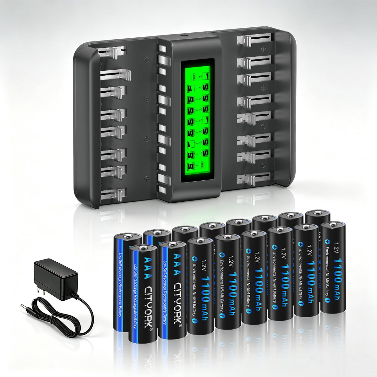 16 Pack AAA 1100mAh NiMH Batteries with 16 Bay LCD Battery Charger S20717