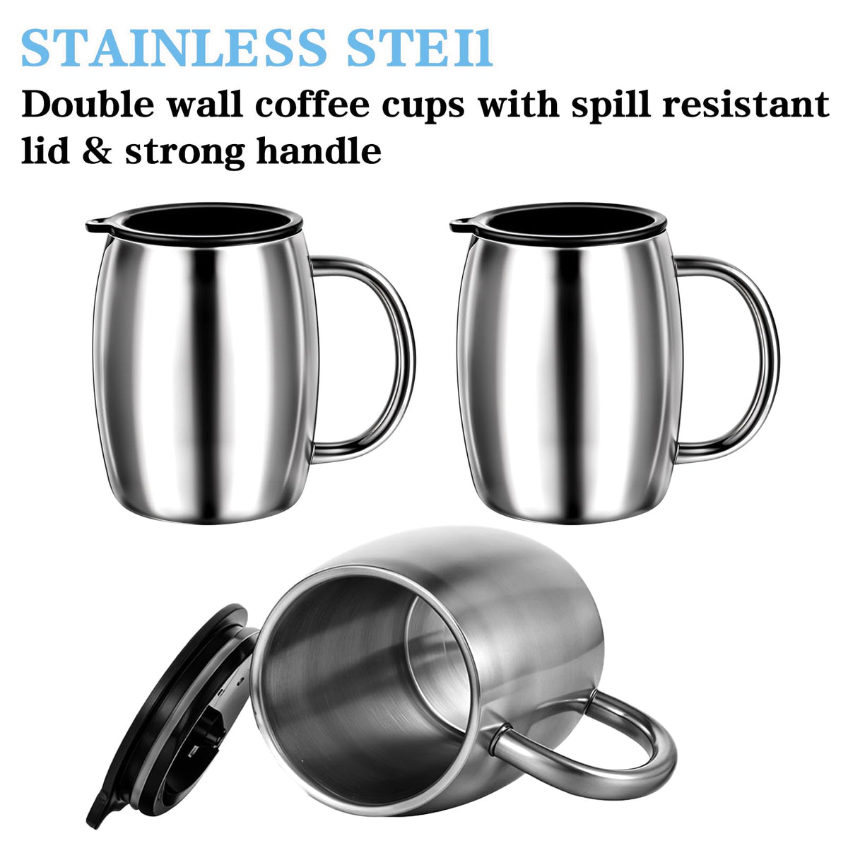 3 Pack 14 oz Insulated Stainless Steel Coffee Mug with Lid and Handle I8014