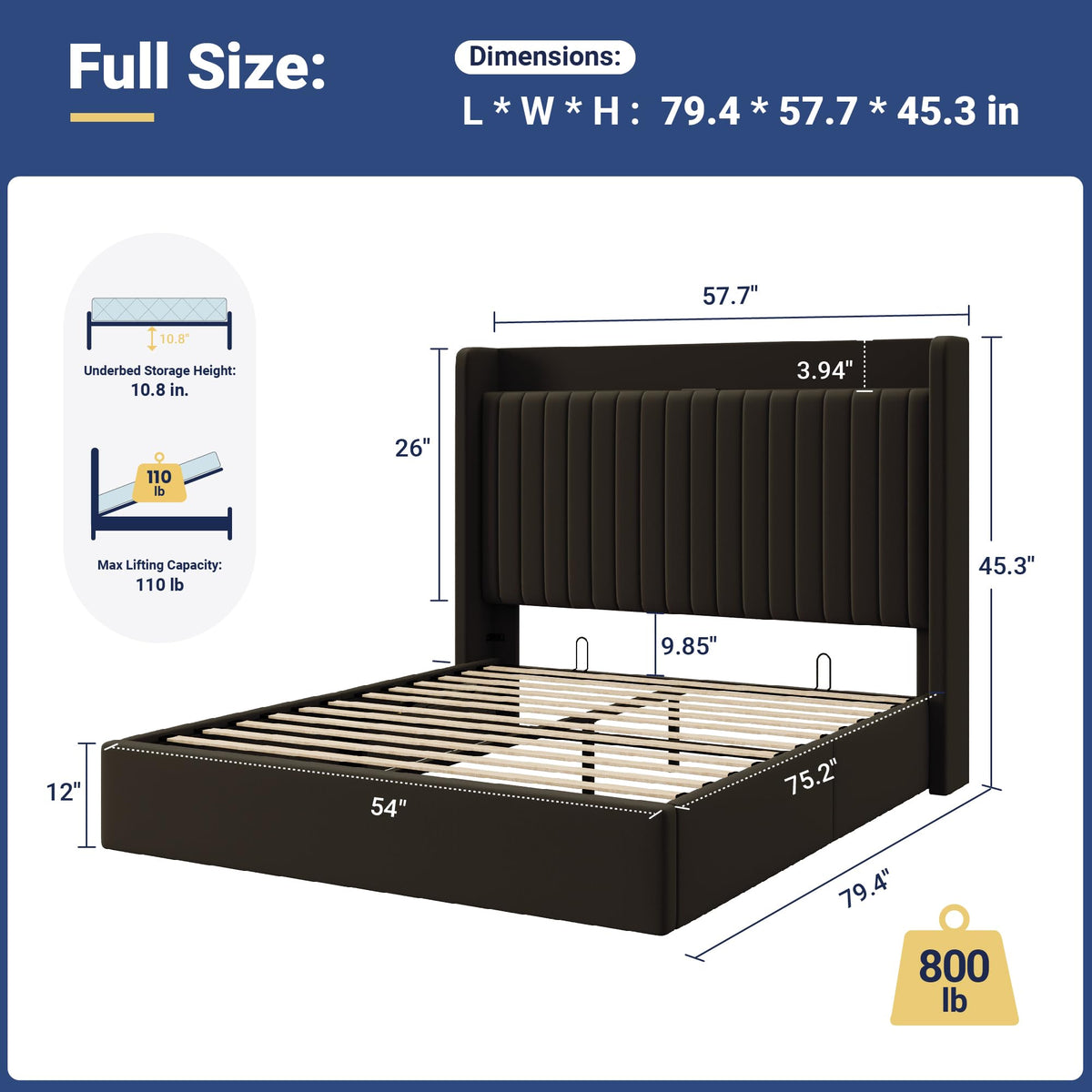 Full Lift Up Storage Hydraulic Bed Frame Black Q955157