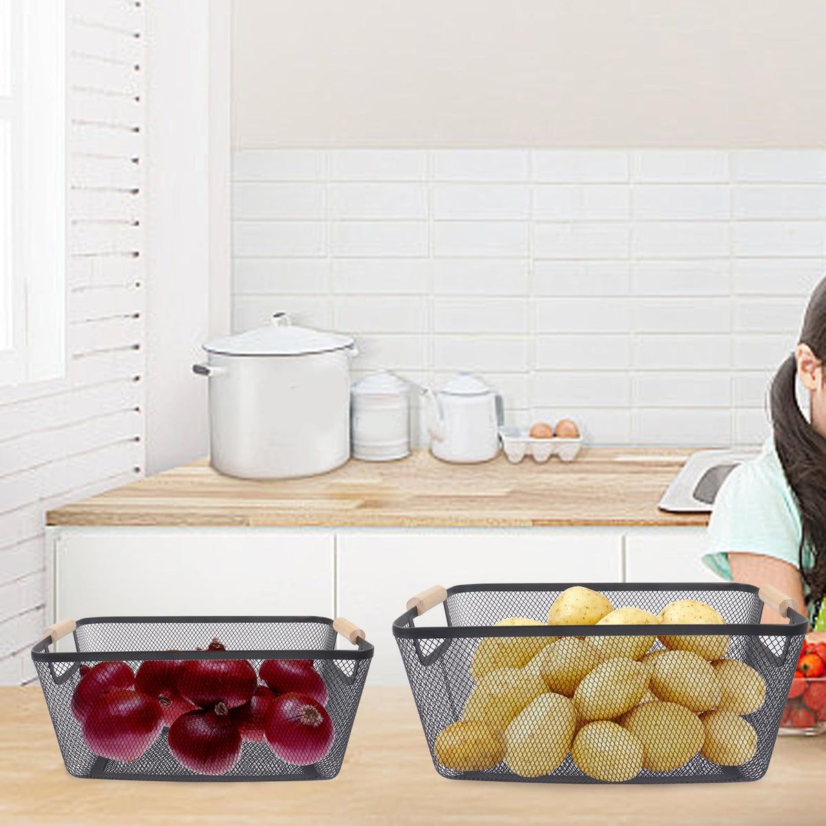 Potato and Onion Storage Bin, 2 Set Metal Mesh Baskets with Wooden Handle R4547