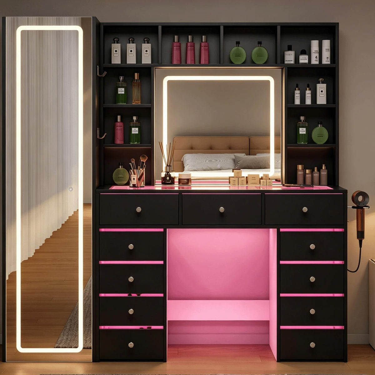 Full Length Mirror Vanity Desk with LED Mirror and 11 Drawers Q5892