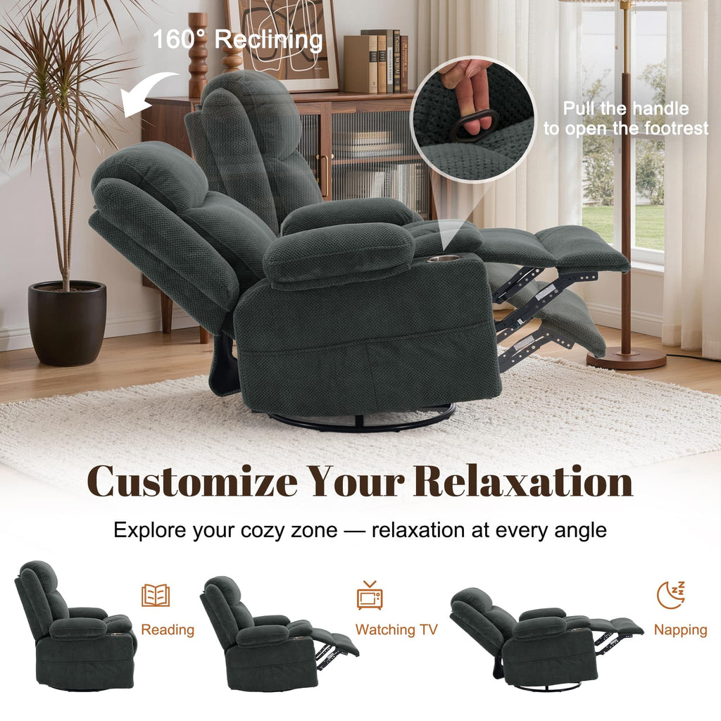 Gray Swivel Rocker Recliner with Massage & Heat M763