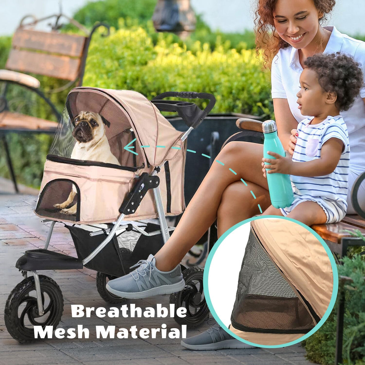 3-Wheel Dog Stroller with Storage Basket and Cup Holders, Tan Q355