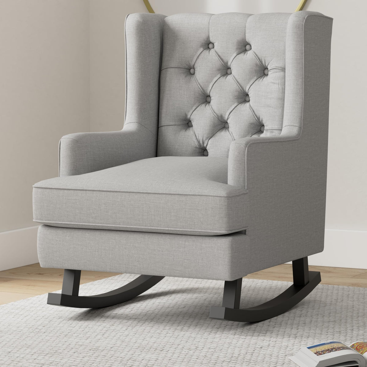 Gray Velvet Tufted Upholstered Rocking Accent Chair with Wood Frame L2346