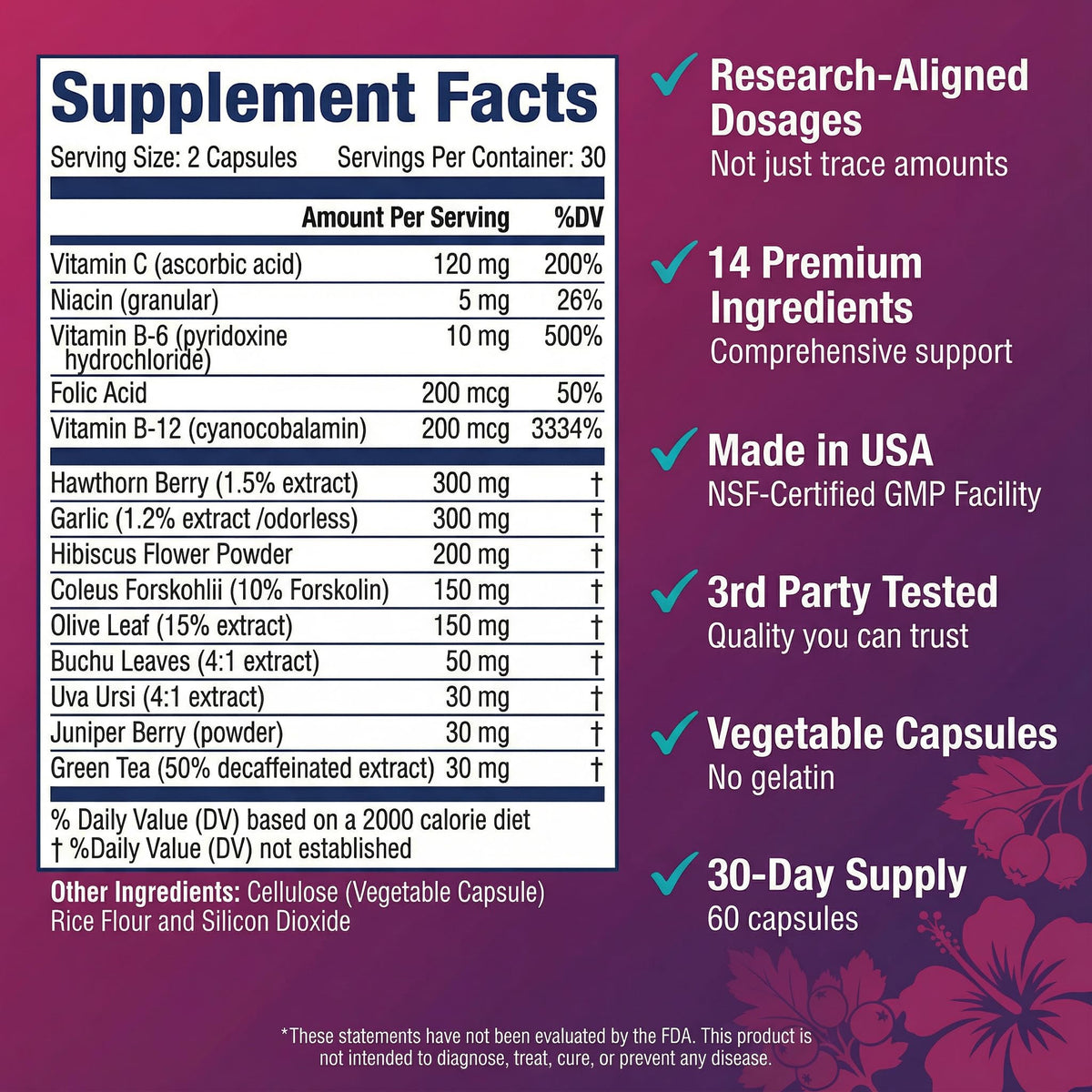 300mg Hawthorn 300mg Garlic 200mg Hibiscus 60 Vegetable Capsules U7739