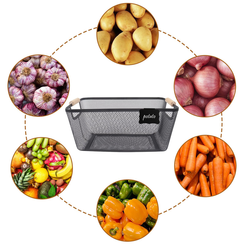 Potato and Onion Storage Bin, 2 Set Metal Mesh Baskets with Wooden Handle R4547