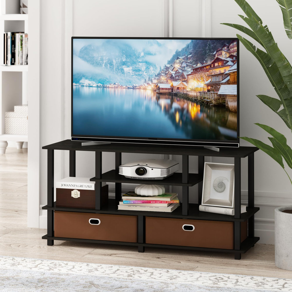 Black Espresso 4-Tier TV Stand with 2 Storage Bins Y69782
