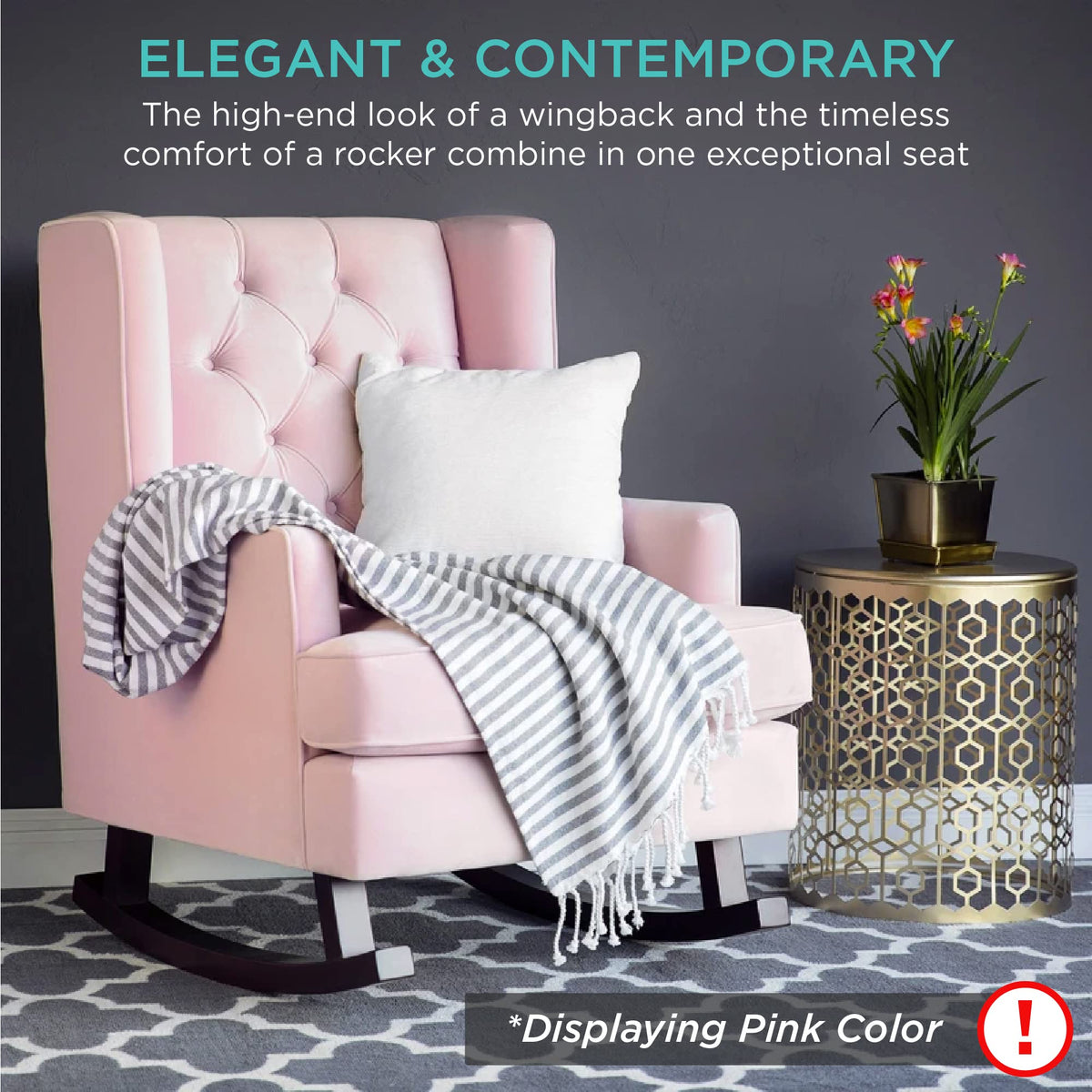 Gray Velvet Tufted Upholstered Rocking Accent Chair with Wood Frame L2346